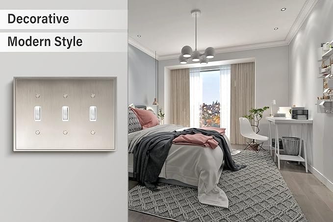 Henne Bery Soft Modern Decorative Wall Plate Switch Plate Outlet Cover (Triple Toggle, Satin Nickel)