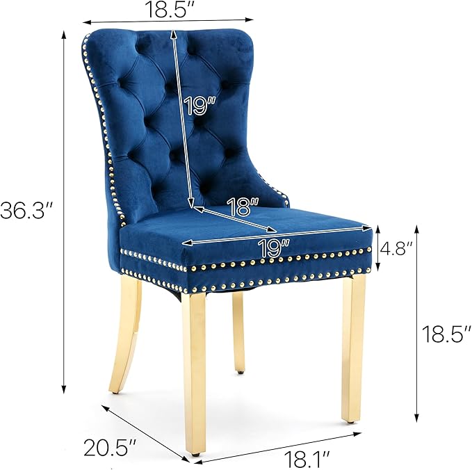 KCC Velvet Dining Chairs Set of 4, Upholstered High-end Tufted Dining Chair with Nailhead Back Ring Pull Trim Stainless Steel Legs, Contemporary Nikki Collection Modern Style for Kitchen, Blue