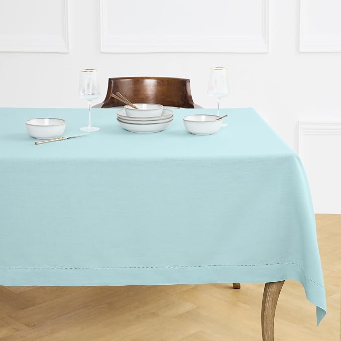Solino Home Linen Tablecloth for Rectangle Tables 60 x 156 Inch - Classic Hemstitch 100% Pure Linen Aqua Blue Table Cloth - Machine Washable Cloth Tablecloth for Spring, Easter