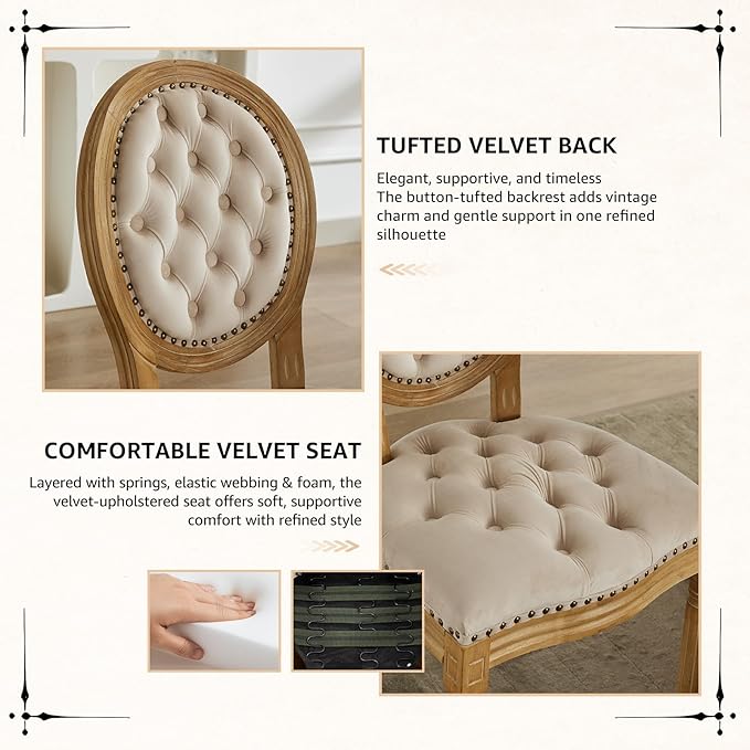 Vintage French Dining Chairs Set of 2, Round Back Velvet Upholstered Accent Chairs with Nailhead Trim and Solid Wood Frame, Elegant Sillas de Comedor for Dining Room & Kitchen, Beige