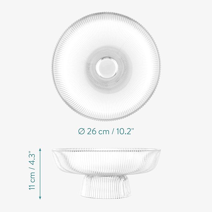 Navaris Decorative Fluted Transparent Glass Bowl for Fruit Snacks Sweets - 26cm Diameter Table Centerpiece Dish