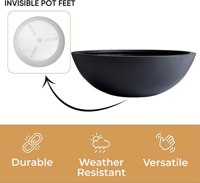 7.7" H x 22" D Round Bowl Fiberstone Planter for Succulent and Lotus with Drainage Hole, Smooth Finishes, Weather Resistant, Included 2 Extra Coco Mats (Black, 19.9" Pot Opening)