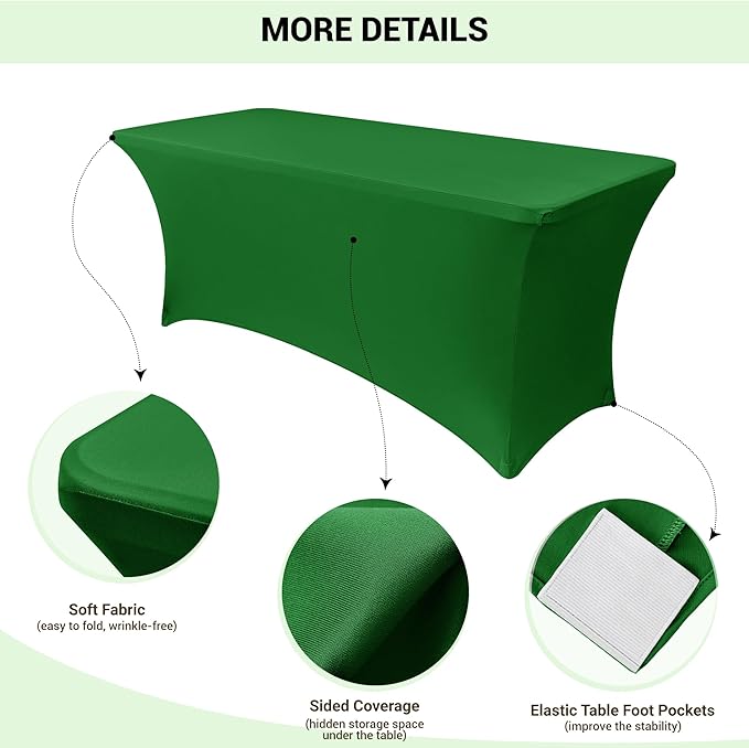 Obstal 6 Pack Stretch Spandex Table Covers for 8 Foot Tables - 8 FT Universal Rectangular Fitted Tablecloth Protector for Wedding, Banquet, Party (Green, 96 Length x 30 Width x 30 Height Inches)