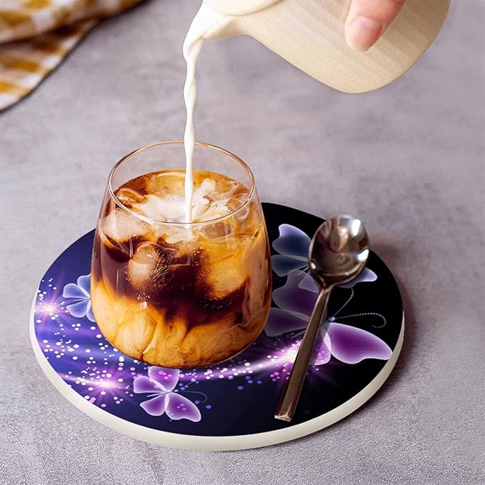 Flowers and Butterfly Drink Coasters Modern Beautiful Fly Animal Shine in Dark Housewarming Presentss for New Home Present for Friends,2 Pcs,4 X 4 X 0.35 Inches for Men Women