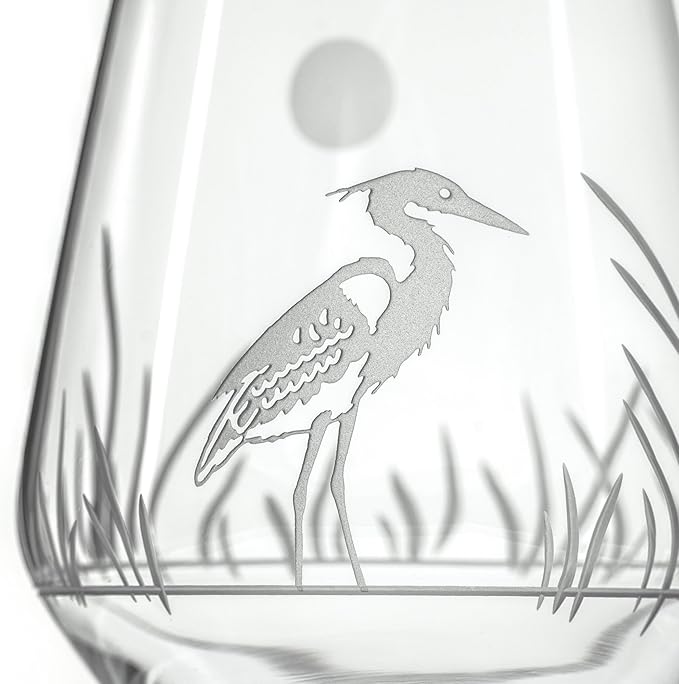 Rolf Glass Heron Stemless Wine Tumbler 18oz - Stemless Wine Glasses – Lead-Free Engraved Glass - Made in the USA (Set of 4)