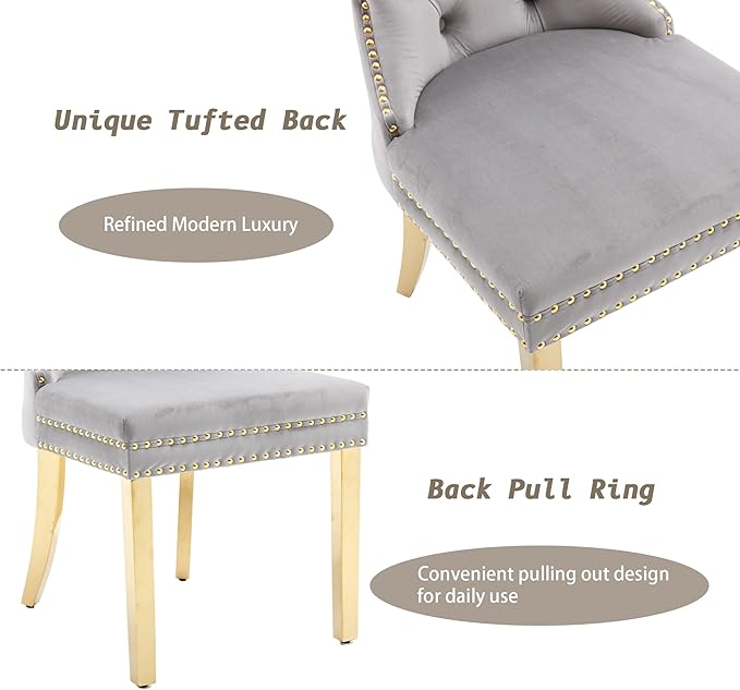KCC Velvet Dining Chairs Set of 2, Upholstered High-end Tufted Dining Chair with Nailhead Back Ring Pull Trim Stainless Steel Legs, Contemporary Nikki Collection Modern Style for Kitchen, Light Gray