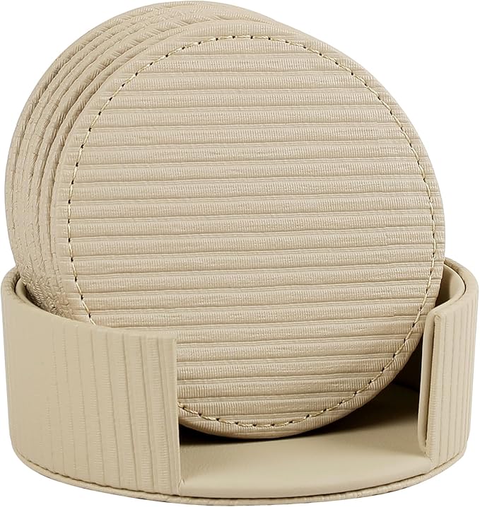 6 Pcs Premium Leather Coasters with Holder, Tabletop Protection, Coffee Table & Bar Decoration, Modern-Style Drink Coasters Suitable for Home Dining Tables & Kitchen Accessories (Beige Stripe)
