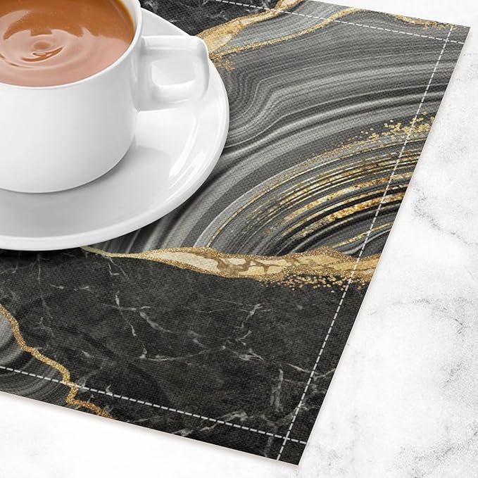 Marble Linen Placemats Set of 2, 12x17 Inch Modern Abstract Foil Stone Texture Black Gold Grey Marble Table Mats Washable Fabric Place for Party Kitchen Wedding Dining Banquets Decor