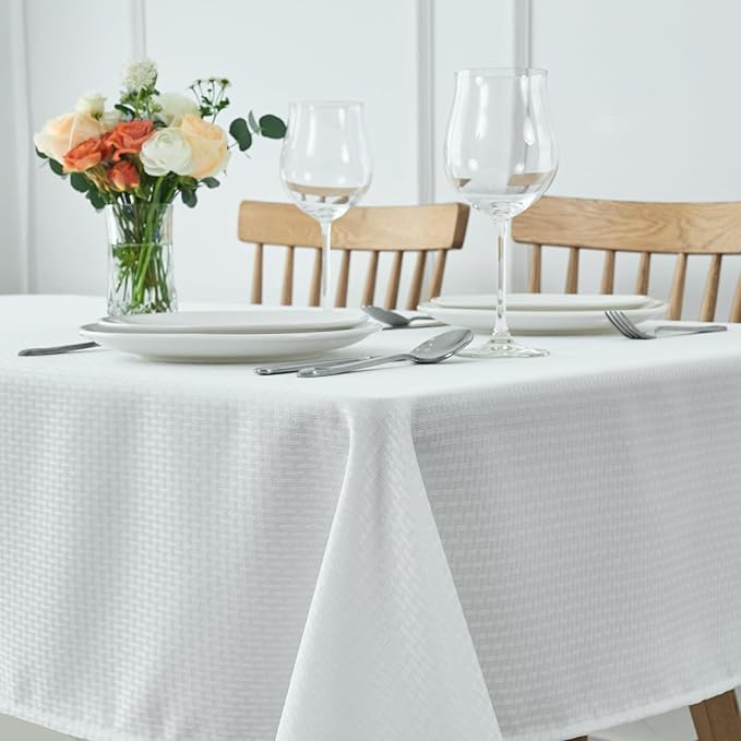 maxmill Rectangle Tablecloth Weaved Texture Design Water Resistant Wrinkle Free Spill-Proof, Soft Table Cloth for Dining Room Decoration, Banquet Parties Event Holiday Dinner, 52 x 84 Inch White