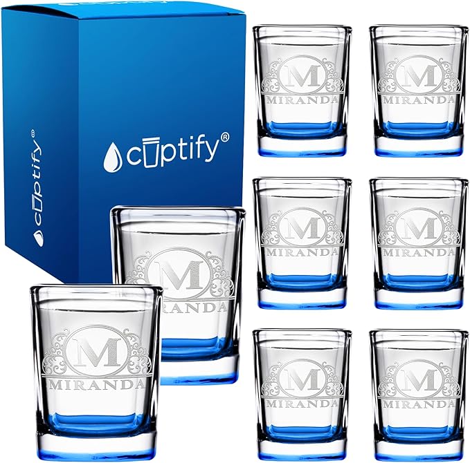 Personalized Square Shot Glasses Set of 8 Blue Bottom 2oz Engraved Initial and Name Custom Gifts, Weddings, Birthdays, Party, Event, Decorations