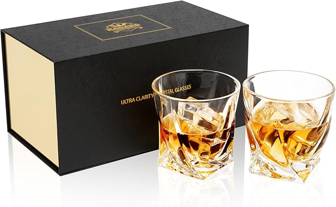KANARS Old Fashioned Whiskey Glasses with Luxury Box - 10 Oz Twisted Liquor Tumblers for Scotch, Bourbon, and Cocktail Drinks - Set of 2 - Men Gift for Valentine's Day Birthday Anniversary