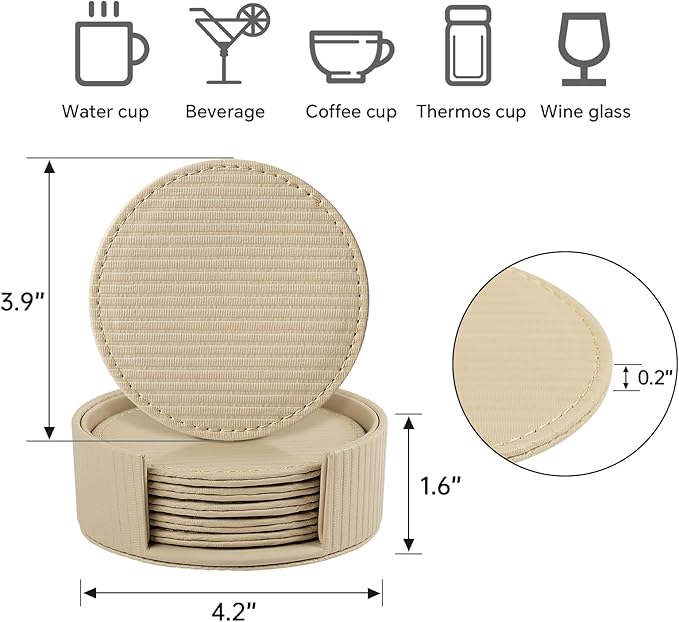 6 Pcs Premium Leather Coasters with Holder, Tabletop Protection, Coffee Table & Bar Decoration, Modern-Style Drink Coasters Suitable for Home Dining Tables & Kitchen Accessories (Beige Stripe)