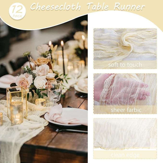 Fivenl 12 Pack Cheesecloth Table Runner 35x72 Inch Boho Gauze Table Runner Rustic Cheese Cloth Long Table Runner Romantic Table Runner for Wedding Bridal Shower Birthday Party Table Decor (Beige)
