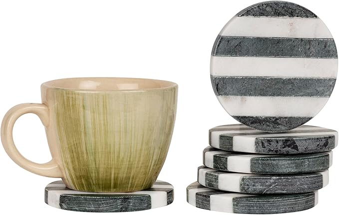 GoCraft White Marble Coasters with Green Striped Inlay – Set of 6 Round Handcrafted Drink Coasters – Elegant Stone Coasters for Beverages, Wine, Coffee, and Bar Glasses – Tabletop Protection