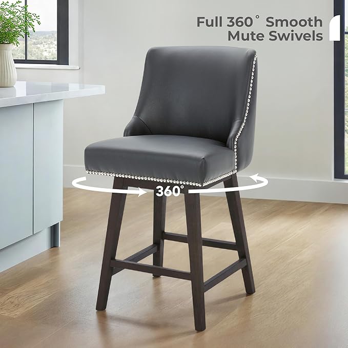 CHITA Counter Height Swivel Bar Stools Set of 3, FSC Certified Upholstered Counter Stools, Modern Swivel Barstools with Wood Legs for Kitchen Island, 26" Seat Height, Faux Leather in Black
