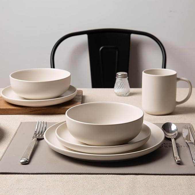 12-Piece Stoneware Dinnerware Set with Mugs | Microwave and Dishwasher Friendly | Stackable Matte Glaze Plates & Bowls | Service for 3 (White for 3)