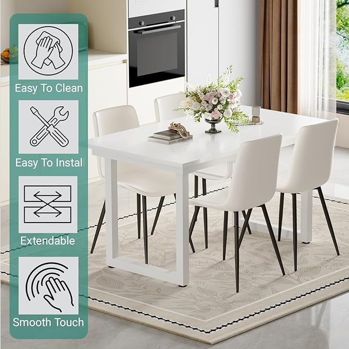 Extendable Dining Table Set for 6, 55"–71" Modern White Kitchen Table with 6 Upholstered Chairs, Space-Saving for Living Room Apartment, Sturdy & Comfortable, Easy Assembly