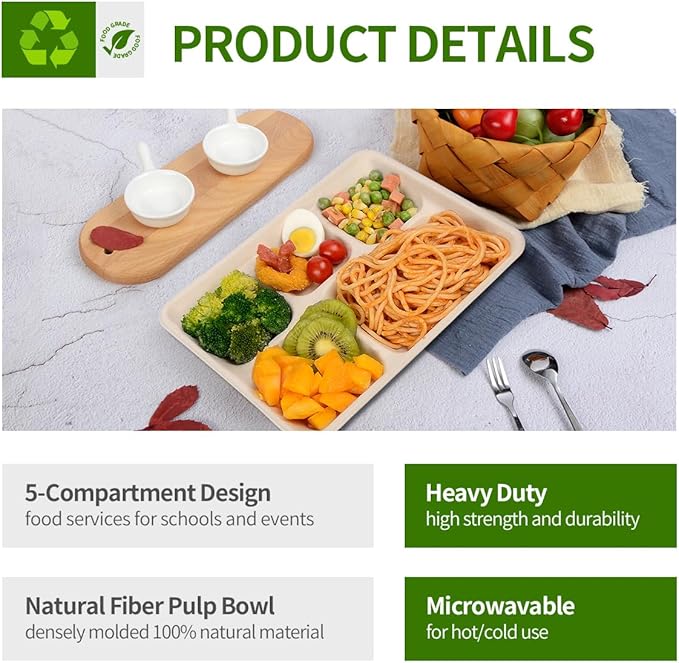 5 Compartment Paper Plates 100 Pack, 10 x 8 inch inch Disposable Lunch Trays, Divided Disposable Sectional Plate for School Lunch, Cafeteria, Buffet Church and Party