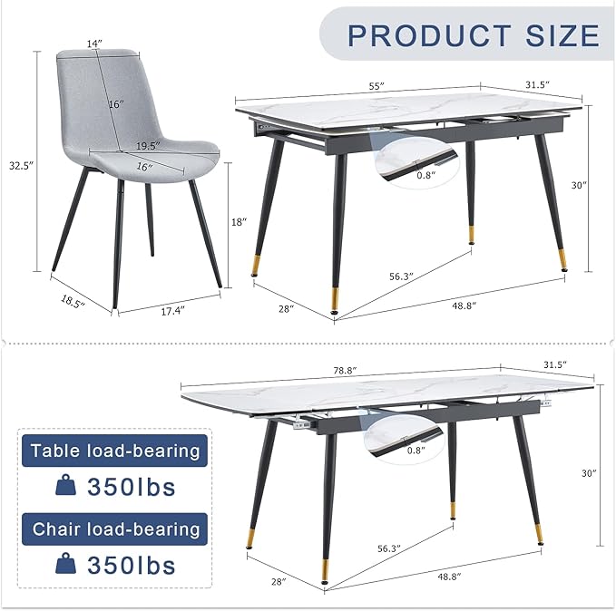 Extendable Dining Table Set for 8, 55'' to 78.8'' Rectangular Thickened Sintered Stone Kitchen Table with 8 Upholstered Chairs, Modern Space Saving 9-Piece Dinner Table Set