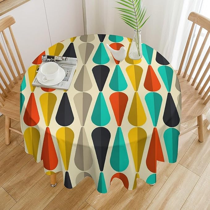 Vintage Bohemian Mid Century Round Tablecloth, Retro 50s 60s Geometric Pattern Print Tablecloth for Home Party Dining Room Kitchen Decor 36Inch(90cm)