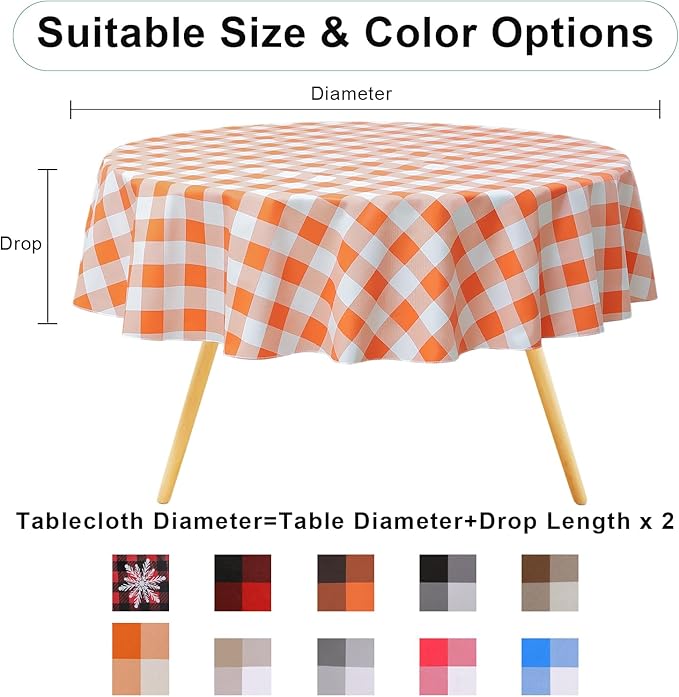 misaya Round Waterproof Vinyl Table Cloth, Buffalo Flannel Backed Tablecloth, Wipeable Plastic Table Cover for Dinner, Kitchen, Picnic (60", Orange and White)