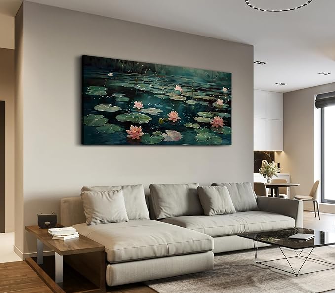 ADJUVANT Wall Art Impressionist Water Lily Pond 48" L x 24" W, Pink Lotus Flowers on Dark Blue Water Canvas Painting Nature Artwork Prints Wall Decor for Living Room Bedroom Bathroom Home Office