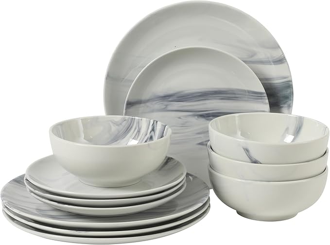 Gibson Home Cloudlight 12 Piece Plates and Bowls Dishes Blue and White - Decorated Porcelain Ceramic Dinnerware Set - Service for 4