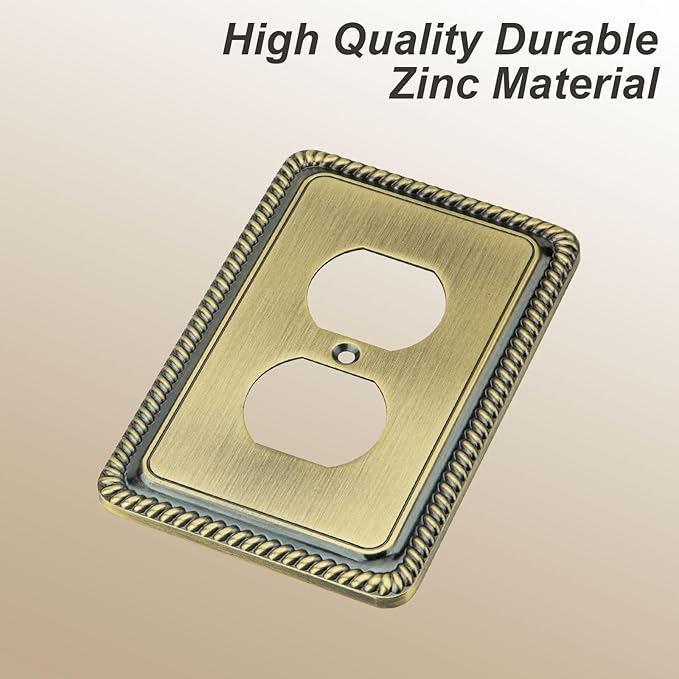 Henne Bery Rope Edge Decorative Wall Plate Switch Plate Outlet Cover (Single Duplex, 2 Pack, Antique Brass)