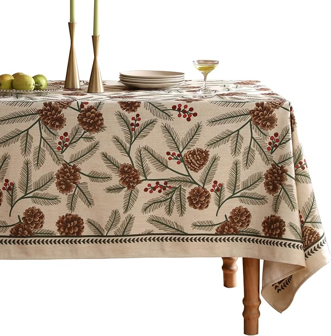 ISAENNE Designer Christmas Beige Linen Table Cloth for Rectangle Table,Pinecones Pattern Indoor Tablecloths,Washable Decor Tablecloth for Dining Thanksgiving Kitchen Christmas,55"*79"-Carol B