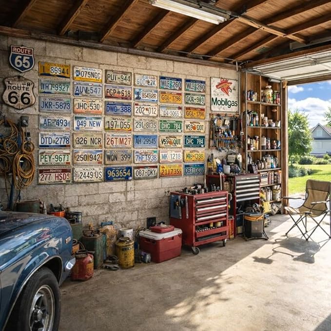 Vintage License Plate Wall Decor Set (Decorative Use Only), 50 US State Metal Signs, 6 x 12 Inch Embossed Retro Plates for Garage Decor, Man Cave Decor