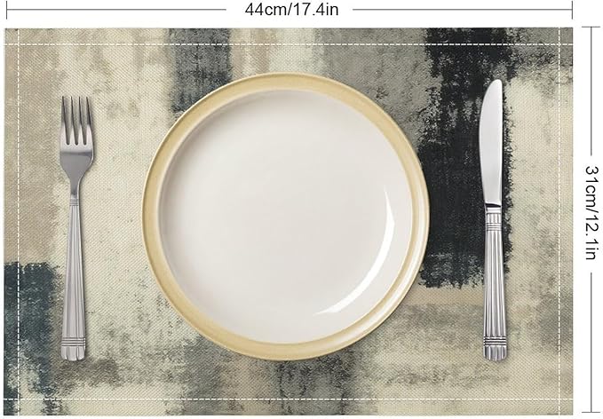 Gradient Placemat Set, Modern Minimal Fashion Abstract Beige Grey Blue Art Oil Painting Brush Strokes Patchwork Pattern Home Decor Linen Table Mats for Dining Room Kitchen Party (17x12in) x2P