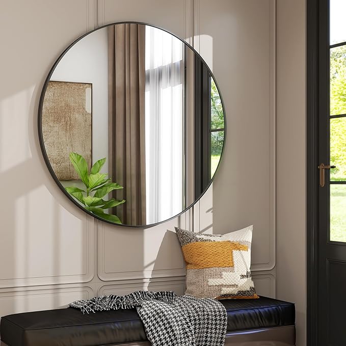 36 Inch Round Bathroom Mirror - Black Wall Mounted Circle Mirror with Metal Frame, Modern Round Hanging Mirror Suitable for Bathroom, Vanity, Entryway, Living Room