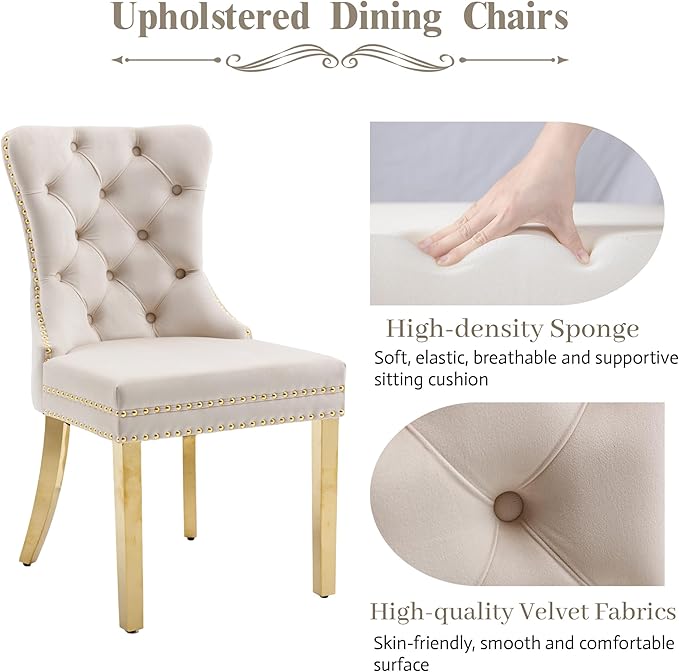 KCC Velvet Dining Chairs Set of 6, Upholstered High-end Tufted Dining Chair with Nailhead Back Ring Pull Trim Stainless Steel Legs, Contemporary Nikki Collection Modern Style for Kitchen, Beige