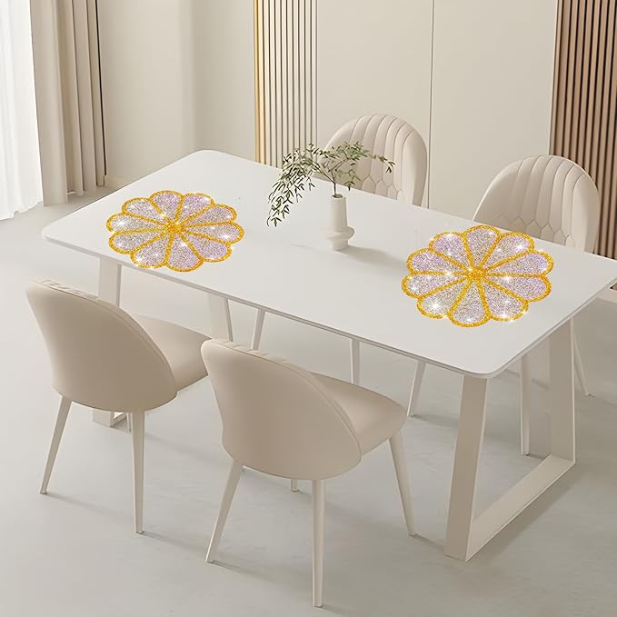Washable Waterproof Diamond Circle Placemats for Round Tablescape Decor for Dinner and Kitchen Bling Placemats for Weddings & Special Events-8 PCS (Yellow)