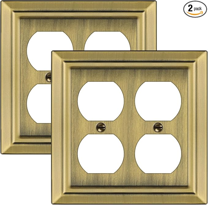 Metal Wall Plate for Electrical Outlets, Decorative Antique Brass Switch Plates Outlet Cover, Light Switch Cover Plate, 2-Gang Wall Plates (Double Duplex Outlet, 2 Pack)