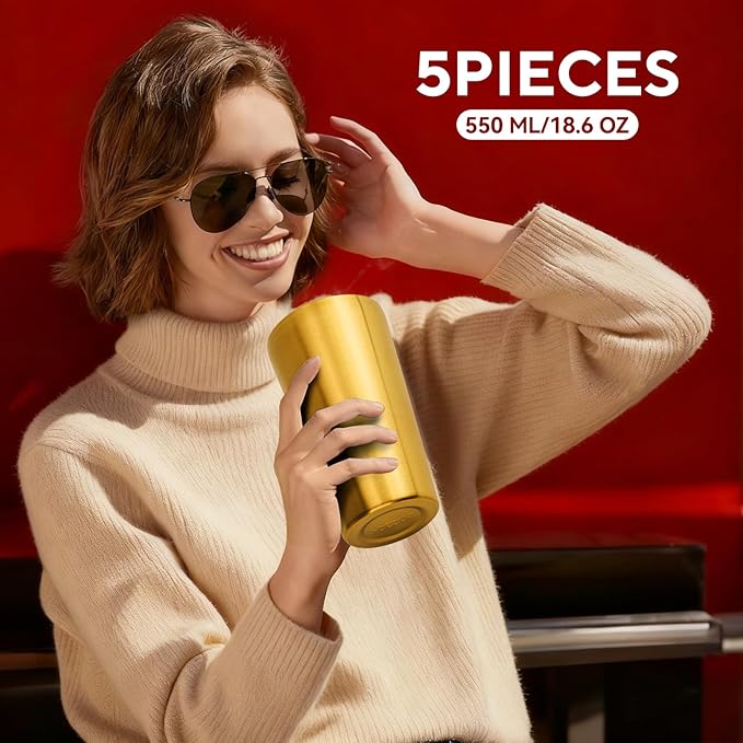5 Pcs 18.6 oz Small Metal Cup, Double Wall Vacuum Stainless Steel Insulated Cup, Reusable Camping Cups Unbreakable Indoor Outdoor for Party, Home, Office, BBQ, Gold