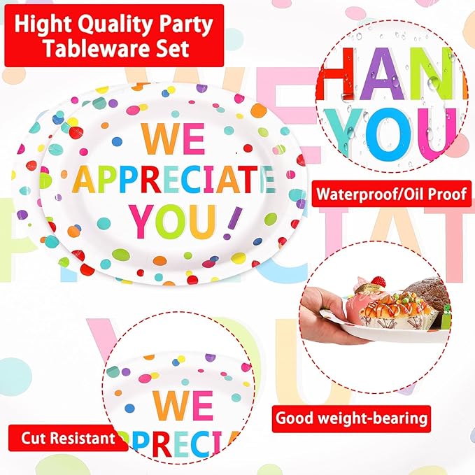 Grencian 50Pcs Thank You Oval Paper Plates 10" x 12" Large Heavy Duty We Appreciate You Paper Plates We Will Miss You Platter for Christmas Volunteer Employee Teacher Doctor Appreciation Party Decor