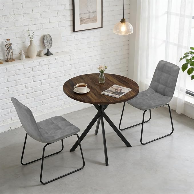 31.5" Round Dining Table Chairs Set for 2, Small Dining Table Chairs Set Space-Saving, Small Dinette Sets for 2 for Kitchen Dining Room Apartment(Walnut Table + Gray Chairs)