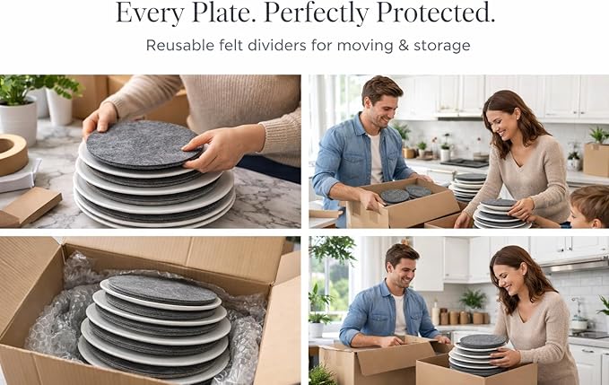 96 Piece Felt Plate Dividers for China Storage - Felt Protectors for Dinner, Salad, and Saucer Plates - Ideal for Moving Fine China, Porcelain, Glass, etc - Cut-to-Fit Full China Set - Grey