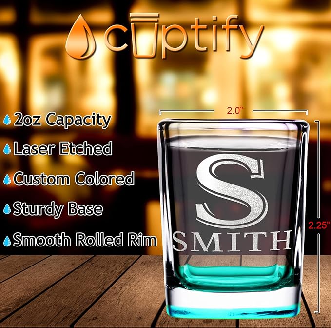 Personalized Shot Glasses Set of 6 Initial and Name 2oz Teal Bottom Etched Square Shot Glass Engraved with Custom Text Birthday Gift for Men and Women