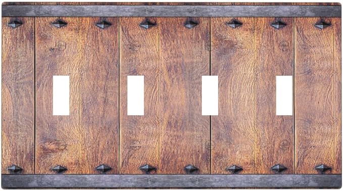 Light Switch Cover Rustic Farmhouse Barn Door Vintage Wood 4 Gang Switch Plate Quad Toggle Wall Plates Decorative Switchplate Electrical Outlet Cover for Bathroom Cabin Decor