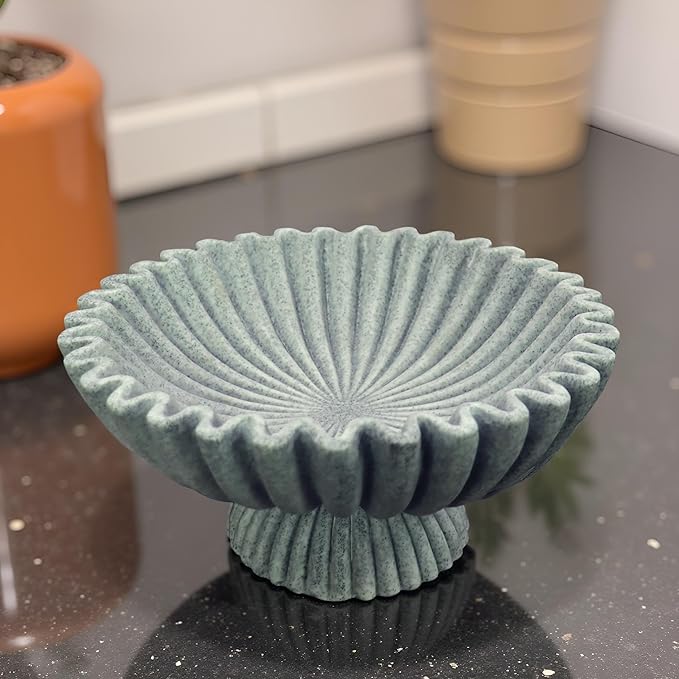 10" Large Decorative Bowl decor, Scalloped Bowls for Modern Home Decor,Ruffle Decor,Stylish Key Bowl for Entry Table,Decorative Fruit Bowl for Kitchen Counter,With base,Artificial Stone Marble Color