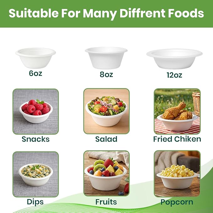 Disposable Paper Bowls 200 Pack 12 oz, Heavy-Duty Compostable, Eco-Friendly, Bagasse Bowl for Soup, Salad, Dessert & More