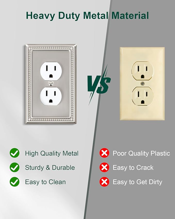 6-Pack Duplex Outlet Cover Plate, Metal Wall Plates for Electrical Outlets, Brushed Nickel 1 Gang Receptacle Cover, Pearls Decorative Switch Plates and Outlet Covers