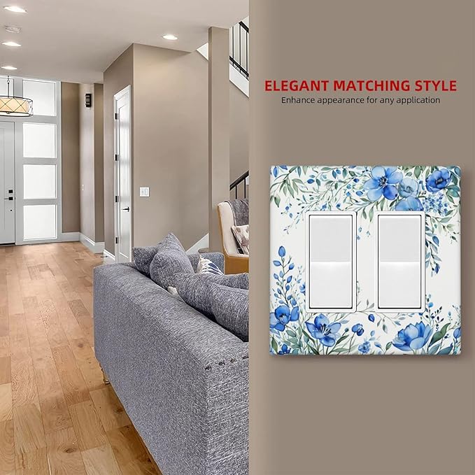Outlet Covers Blue Watercolor Flowers Retro Floral Leaves 2 Gang Light Switch Cover Double Rocker Wall Plate Decorative GFCI Receptacle Electrical Switchplate for Bathroom Bedroom Decor（2 Pack）