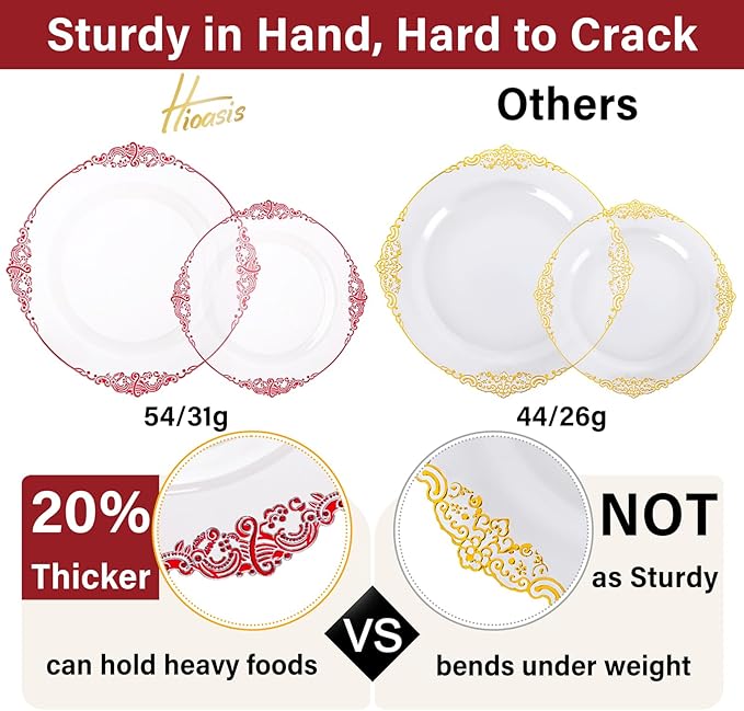 Hioasis 175pcs Clear and Red Plates - Red Party Plates for 25 Guest, Include 50 Heavy-duty Plates(20% Thicker Than Standard), 25 Pre Rolled Gold Plastic Silverware Set, 25 Cups