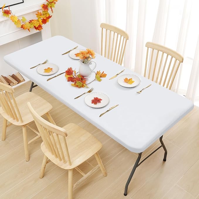 Smiry Rectangle Tablecloth, Elastic Fitted Flannel Backed Vinyl Tablecloths for 5ft Folding Tables, Waterproof Wipeable Table Covers for Indoor, Outdoor, Picnic and Camping (White, 30"x60")