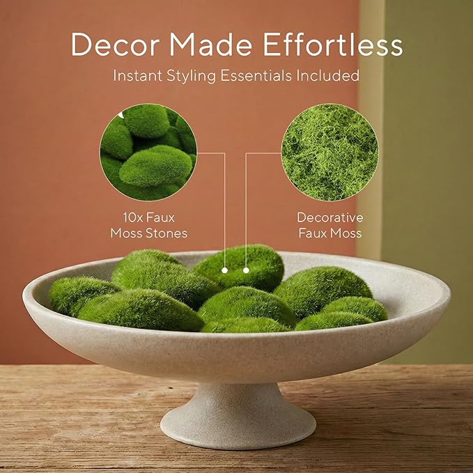 Large Decorative Bowl, Modern Pedestal Bowl for Home Decor, Decorative Fruit Bowl for Kitchen Counter, Stylish Key Bowls for Entry Table, 11.45”, Includes 10PCS Artificial Moss Rocks