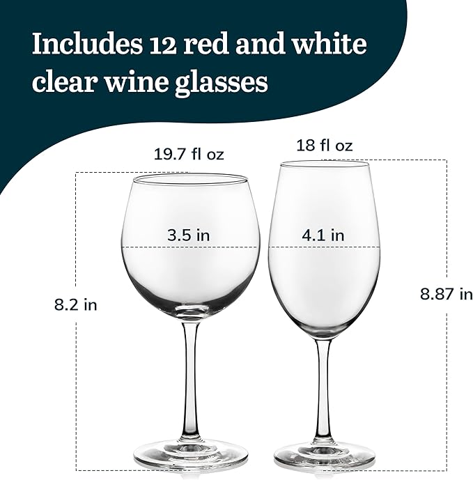 Libbey Vineyard Reserve Wine Glass Set of 12, Red and White Clear Wine Glasses, Merlot, Bordeaux, Chardonnay Gifts, Lead-Free Stemware Glasses
