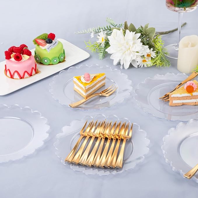 LIYH 200 Pcs Clear Plastic Plates and Gold Forks Disposable Dessert Plates 7.5" Clear Cake Plate,Baby Shower Plate Set for Weddings Birthday Bridal Showers Afternoon Tea